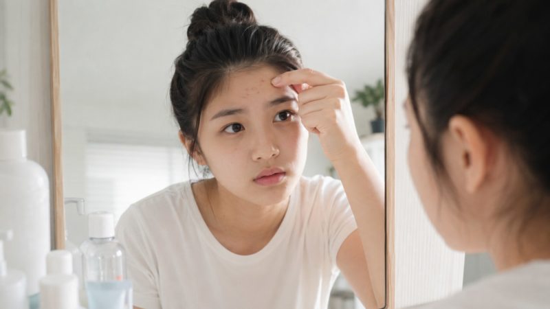 洗面台の鏡越しに、頬のニキビを指で触りながら、深刻な表情で肌のコンディションを確認する女性。