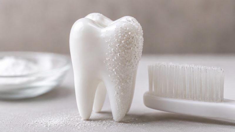 歯の表面の汚れを落とす研磨剤をイメージした、歯の模型に付着する細かな粒子のアップ。