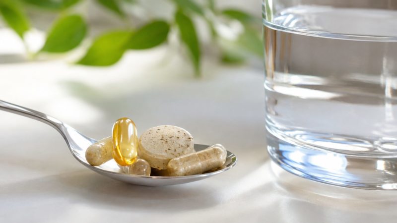 亜鉛サプリの効果的な飲み方を解説。水と一緒にスプーンに乗せた複数のカプセルや錠剤。