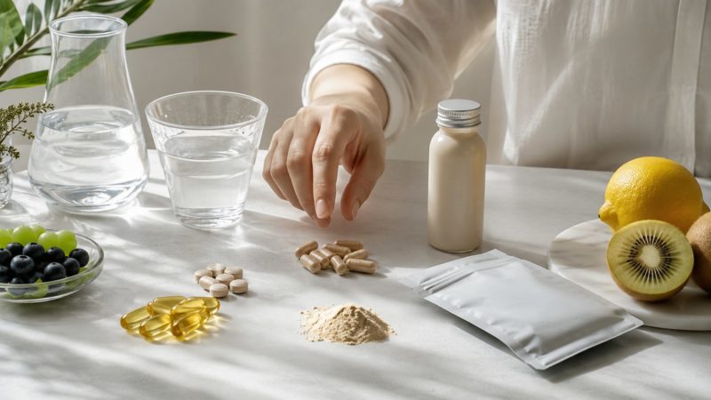 シミ対策に有効な成分を含むサプリメントの比較検討。錠剤やカプセルが並ぶ食卓の風景。