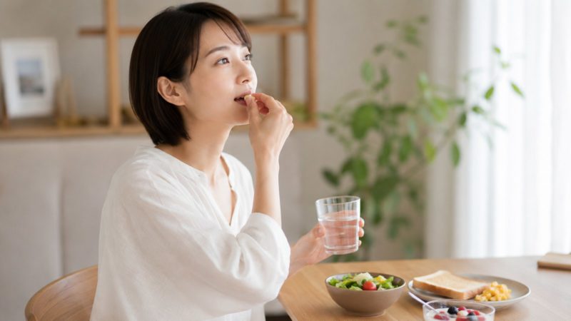 サプリの効果を高める正しい飲み方の例。朝の食事中に、水でサプリメントを飲む習慣をイメージしたカット。