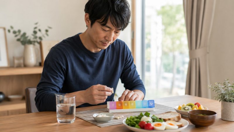 自分に合った摂取方法を管理するため、ピルケースを使ってビタミンCサプリを規則正しく活用している食事中の風景。