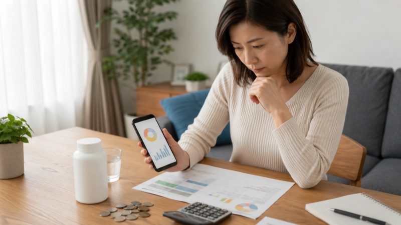 価格やコスパを重視したブルーベリーサプリの選び方。女性がスマホのデータや料金表を比較し、アントシアニンサプリの家計への負担を計算している様子。