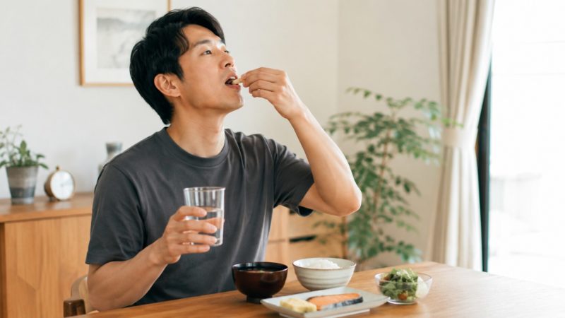 食事と一緒にビタミンCサプリを飲む男性。効果的な摂取方法として推奨される、食後のタイミングでの補給シーン。
