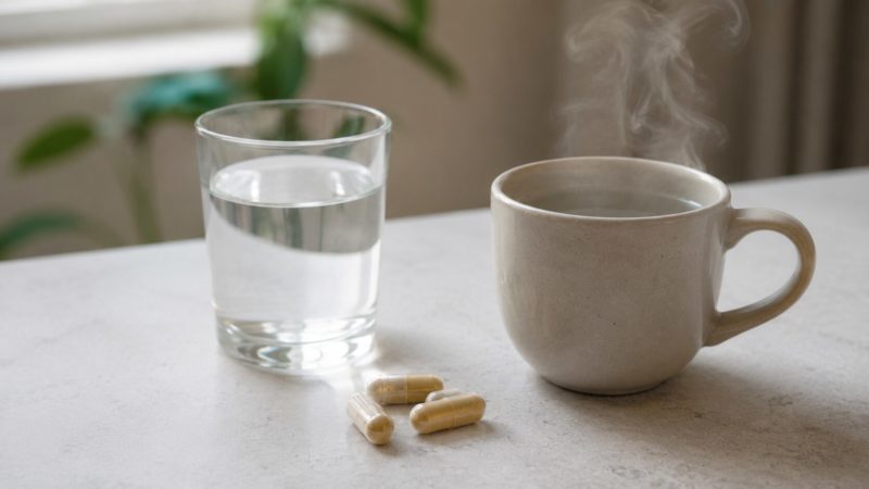 ビタミンCサプリを摂取する際の準備。吸収を助ける水と、手軽に飲めるカプセル剤を組み合わせた補給のイメージ。