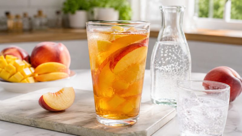 美味しい酵素ドリンクの飲み方アレンジ。カットフルーツと炭酸水を加えた爽やかなフルーツパンチ風。