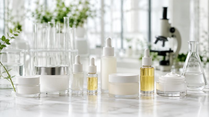 医薬部外品として認められた有効成分を含むシミ対策クリームが、専門的な研究を経て作られていることを示すラボの光景。