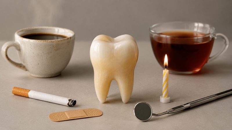 歯の黄ばみの主な原因であるステイン汚れを象徴する、コーヒー、紅茶、タバコのセット。