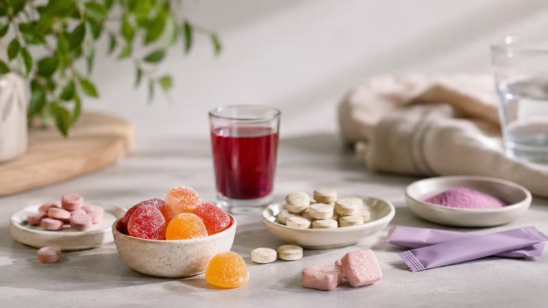 自分に合った鉄分サプリの形状選び。錠剤やカプセル、おやつ感覚で食べられるグミなど、飲みやすさと味で比較するイメージ。