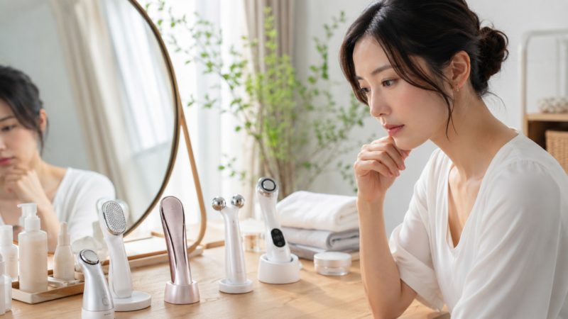 自分に合った美顔器の選び方を考える女性。機能や形状が異なる複数の美顔器を比較し、たるみや肌悩みに最適な一台を探す状況。