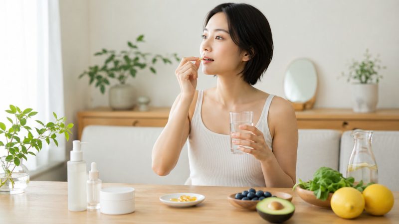 プラセンタサプリを飲む女性。美肌を支える正しい摂取方法をイメージし、水とともに一粒のサプリメントを口にする健康的な様子。
