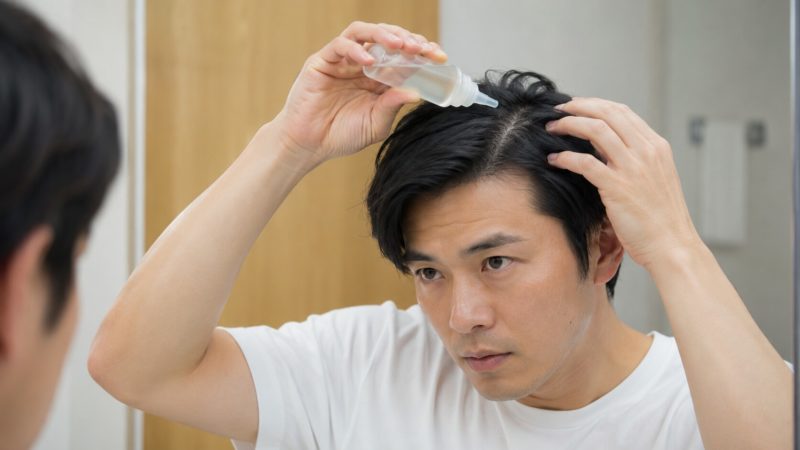 おすすめ育毛剤の効果を高める正しい使い方。頭皮全体に行き渡るよう地肌に直接塗布している様子。