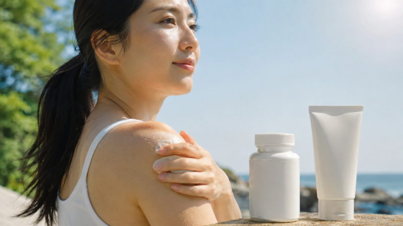 塗る日焼け止めによる直接的な紫外線カット。飲むタイプでは防げない直射日光のダメージをクリームで守る様子。