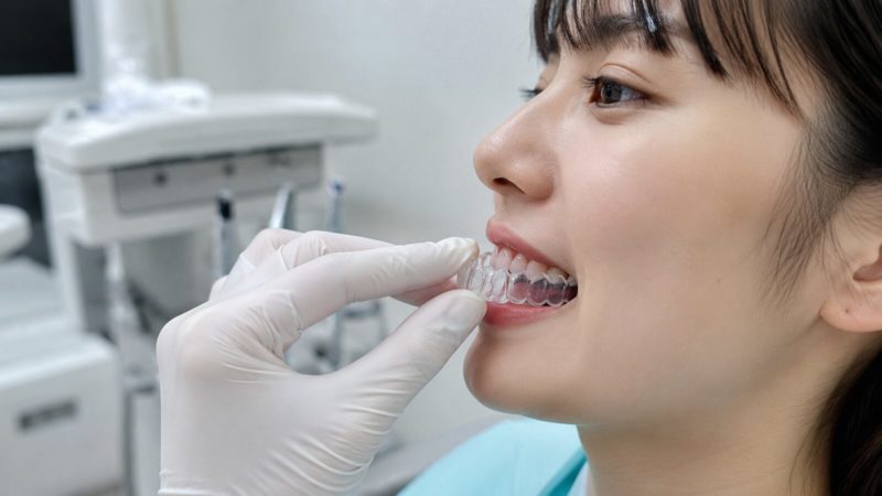 マウスピース矯正の失敗を防ぐために、歯科医師が直接マウスピースのフィット感をチェックする工程。