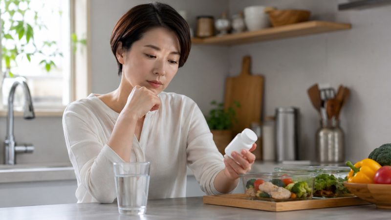 キッチンでサプリメントの白いボトルを手に持ち、顎に手を当てて悩みながら考え込む女性