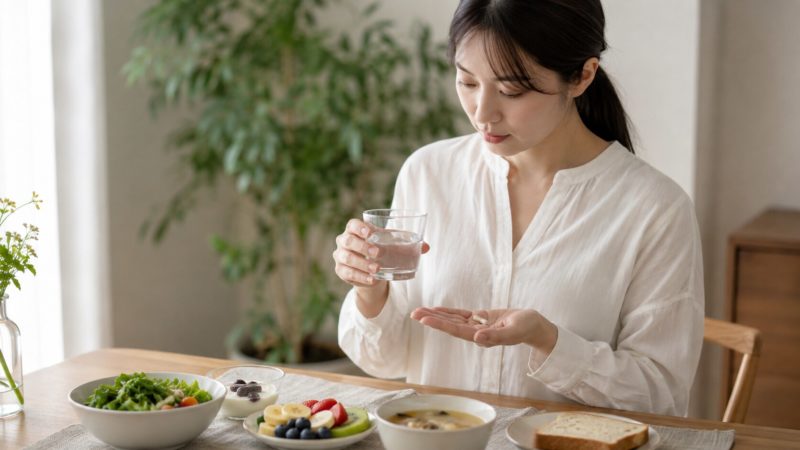 酵素サプリの正しい飲み方と注意点。コップ一杯の水で丁寧にサプリメントを摂取する女性。