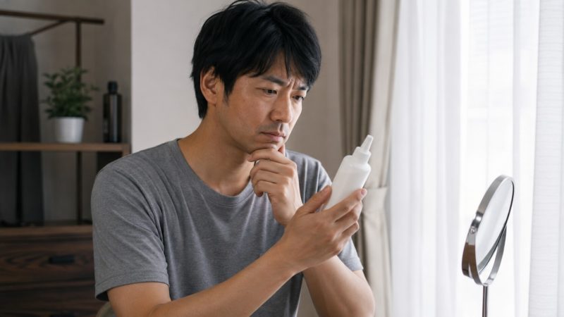鏡の前で顎に手を当て、白い育毛剤のボトルを手に取って成分表示や説明をじっくりと読み込む男性。