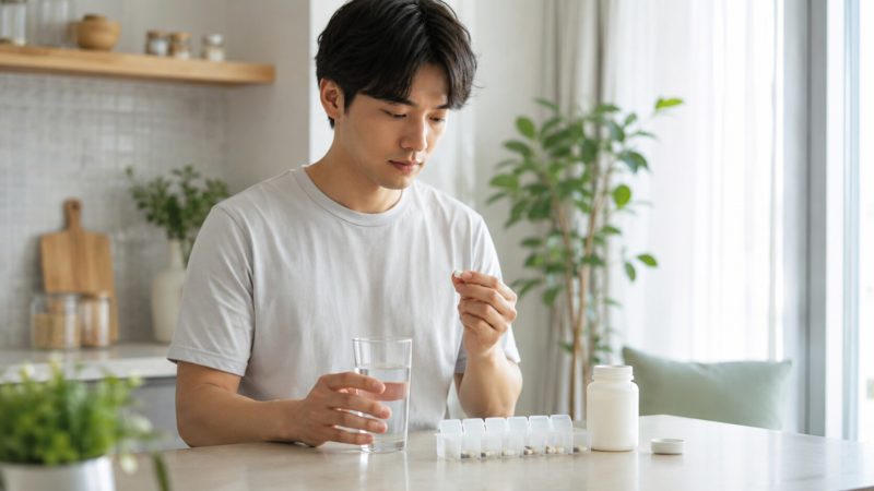おすすめのコンドロイチンサプリの飲み方例。ケースで管理したサプリを水で飲む日常の風景。