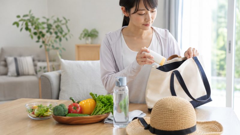 徹底したシミ対策のため、外出時にもサプリを携帯し、帽子と合わせて紫外線に備える女性。