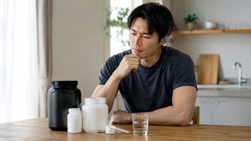 正しい飲み方や注意点を確認しながら、自分に合うサプリメントを慎重に選ぼうとしている男性。