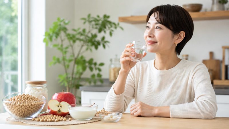 肌荒れ対策に大切な水分補給とバランスの良い食事。健康的な食材を前に満足そうに水を飲むショートヘアの女性。