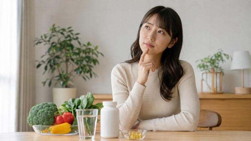 自分に合ったビタミンAサプリの選び方を考える女性。テーブルにはサプリのボトルと、比較対象のブロッコリーやパプリカがある。
