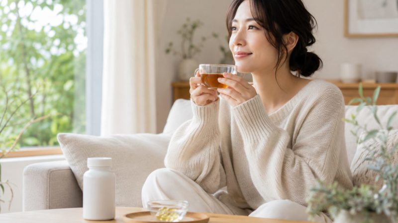 日々の生活に乳酸菌サプリを取り入れ、ティータイムを楽しみながら健康維持に努める女性。