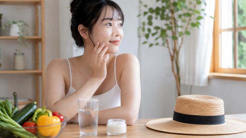 シミ対策クリームと併せて行いたい、日傘や帽子でのUVカットと、食事による内側からのセルフケアをイメージした日常のひとコマ。