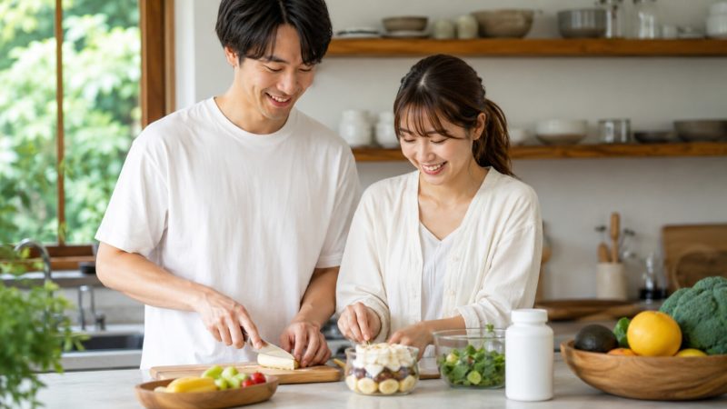 ビタミンEサプリメントと健康的な食事を組み合わせ、生活習慣を整える仲の良い夫婦