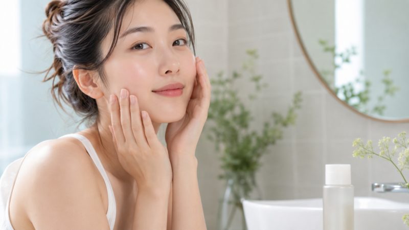 毛穴ケア化粧水の効果で引き締まった肌を確認する女性。洗面台で両手を頬に添え、鏡を見ながらスキンケアを楽しむ日常の風景。