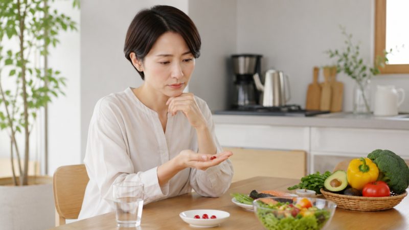 アスタキサンチンサプリを飲むときの注意点を意識し、栄養バランスの良い食事と共に摂取する女性。