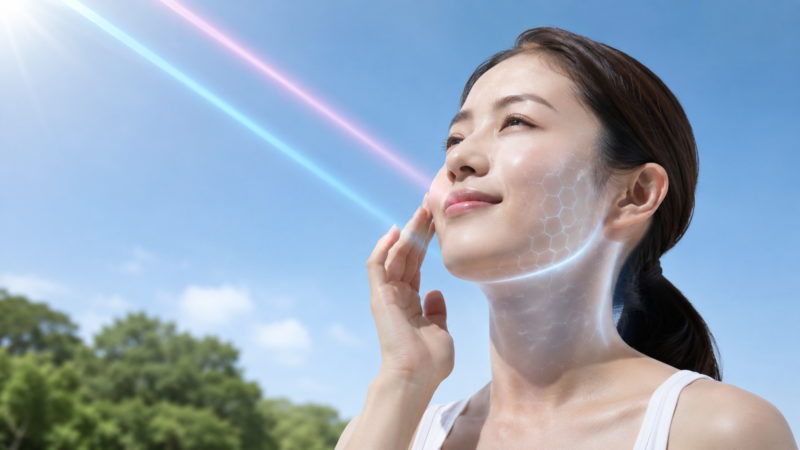 塗る日焼け止めが紫外線をブロックする視覚的表現。外部刺激から肌表面を保護し、日焼けによるダメージを抑える効果。