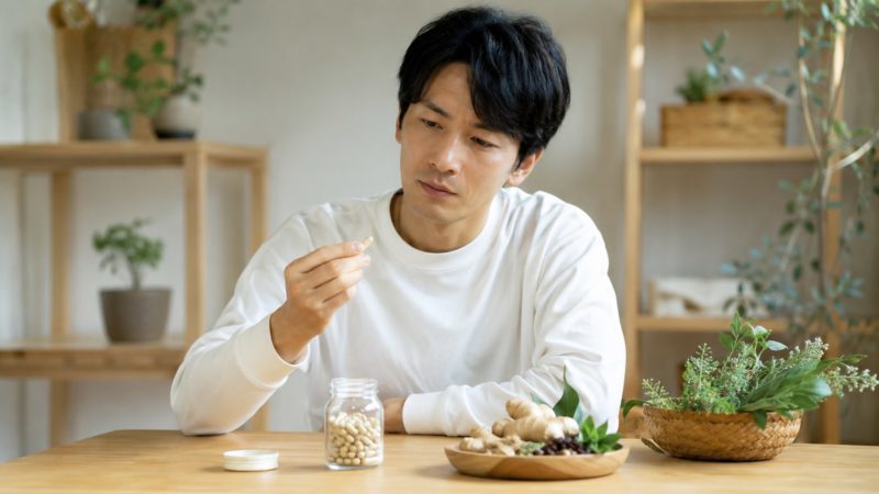 白い服を着た男性が、テーブルに置かれたサプリメントの瓶から1粒取り出し、成分を確かめる様子。