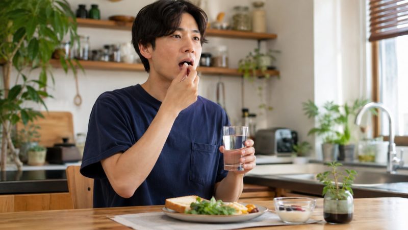 亜鉛サプリを飲むタイミングを解説。朝食のトーストを前に、水でサプリを摂取する男性。