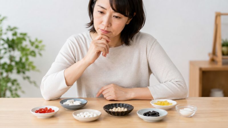 自分に最適なビタミンCサプリを見つけるための比較。色や形の違う複数のサプリメントを前に、選び方を検討する様子。
