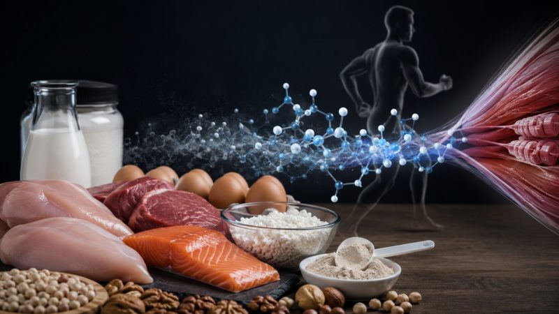 タンパク質を多く含む食材からHMBの成分が抽出され、効率よく筋肉へ届けられる仕組みのイメージ。