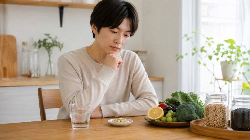 自分にぴったりの酵素サプリを選ぶための悩みと注意点。摂取量や成分の違いを比較検討するシーン。