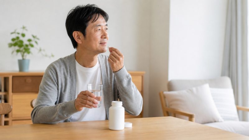 自宅で手軽にノコギリヤシサプリを摂取する男性。4つの成分ですっきりとした毎日をサポートするサプリメントの飲用習慣。