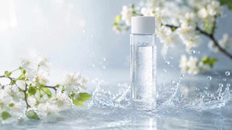 溢れるような潤いを象徴する、水しぶきと毛穴ケア化粧水ボトル。清涼感のある使い心地と高い保湿力をイメージ。
