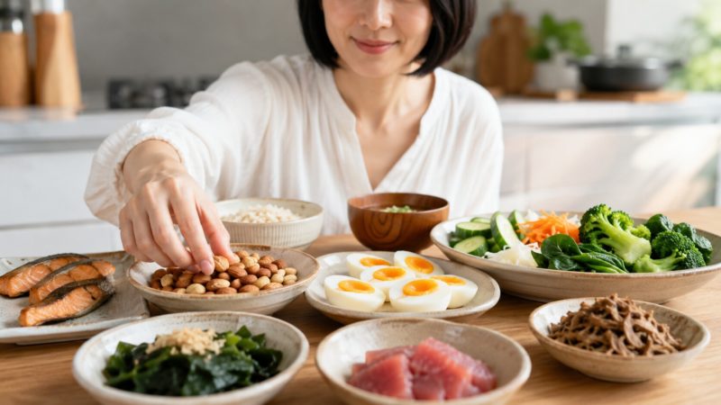 育毛剤の効果を支える食事による薄毛対策。毛髪の成長に必要なタンパク質や亜鉛を含むバランスの良い献立。