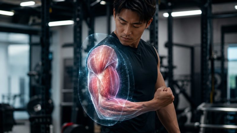 筋タンパク質の分解を抑制し筋肉を保護するHMBの効果を、発光する腕の筋肉で表現したイメージ。