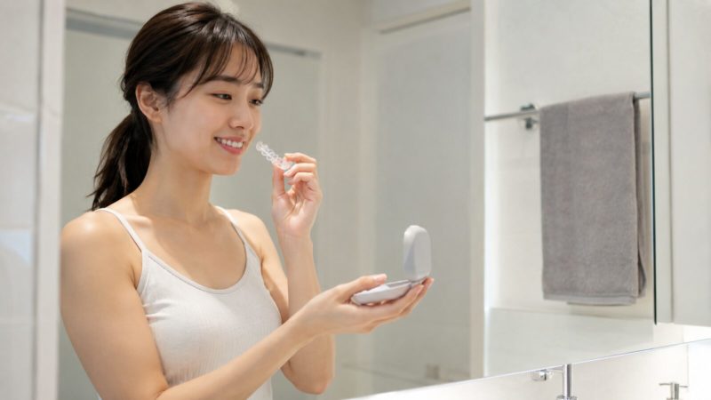 失敗しないマウスピース矯正のために、鏡を見ながら正しく装置を装着する女性の日常シーン。