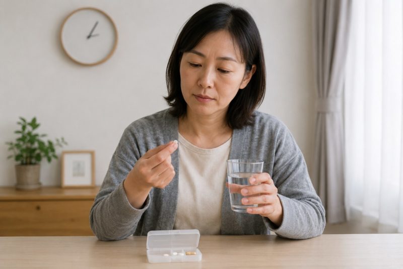 サプリメントの正しい摂取方法を実践する女性。育毛サプリを安全に、かつ効果的に飲み続けるための注意点の解説。