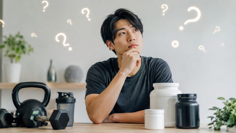 おすすめの筋トレサポートサプリについて、どれが自分に合うか疑問を持ちながら比較検討する男性。