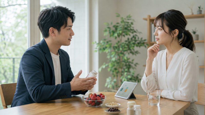 明るい室内で、男性がサプリメントのボトルを手に持ちながら、対面の女性に説明をしている様子。テーブルには果実やタブレット端末が置かれている。