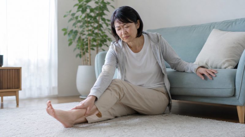 日常生活で膝の痛みや関節の違和感を感じ、辛そうな表情で膝周りをケアしようとする女性。