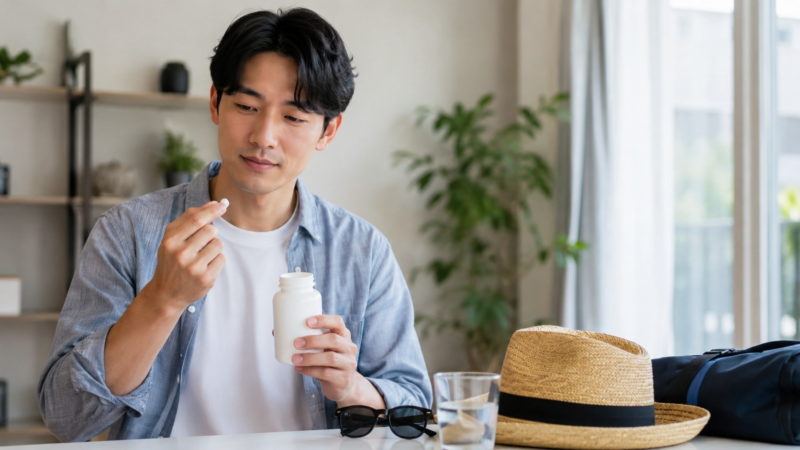 男性の日常的な日焼け対策として活用されるサプリメント。性別を問わず、レジャーや通勤時のケアとして飲む日焼け止め。