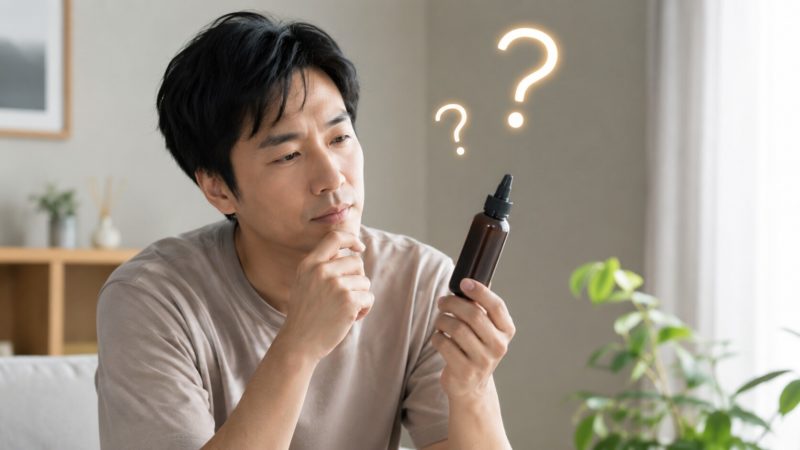 自分に最適なおすすめ育毛剤はどれか、疑問を持つ男性のイメージ。初心者が抱きやすい悩みや質問への回答を解説。