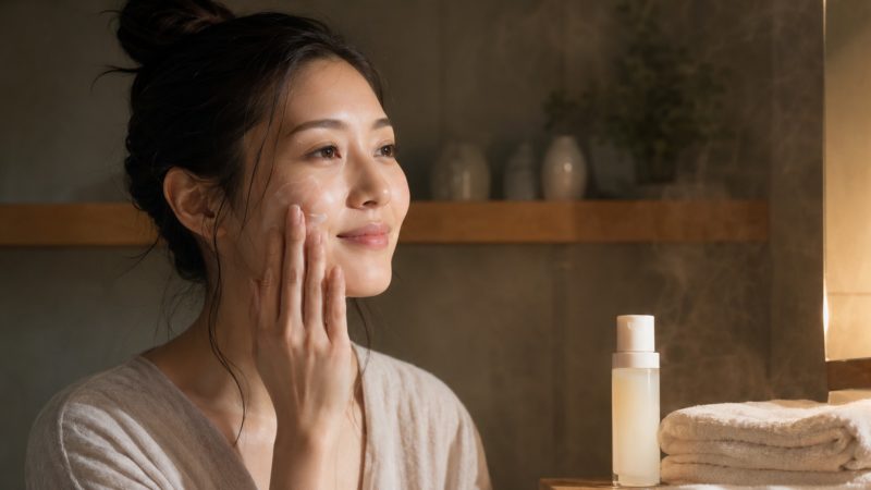 夜の特別な毛穴ケアを実践する女性。デパコスアイテムを使用した、リラックスタイムの正しいスキンケア習慣。