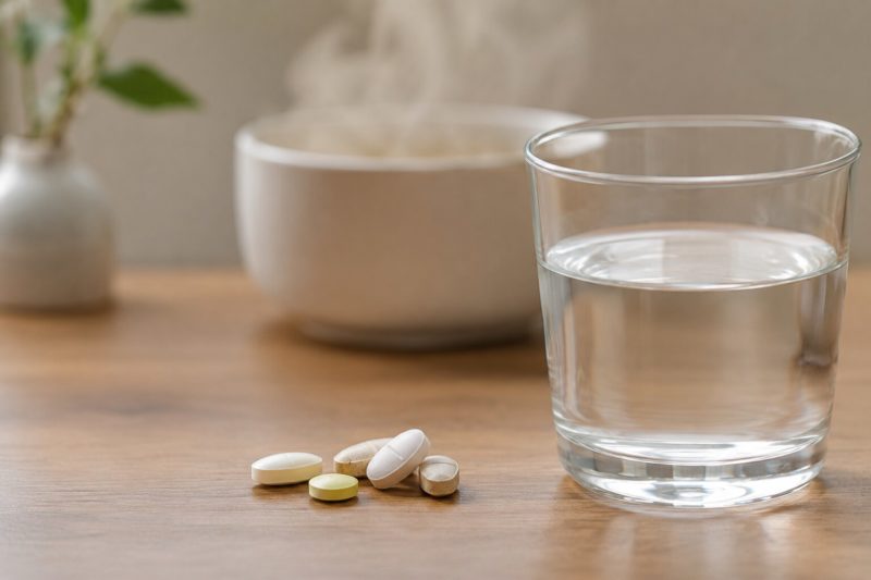 育毛サプリの正しい飲み方のイメージ。成分の吸収を妨げないよう、常温の水で飲むことが薄毛対策のポイント。